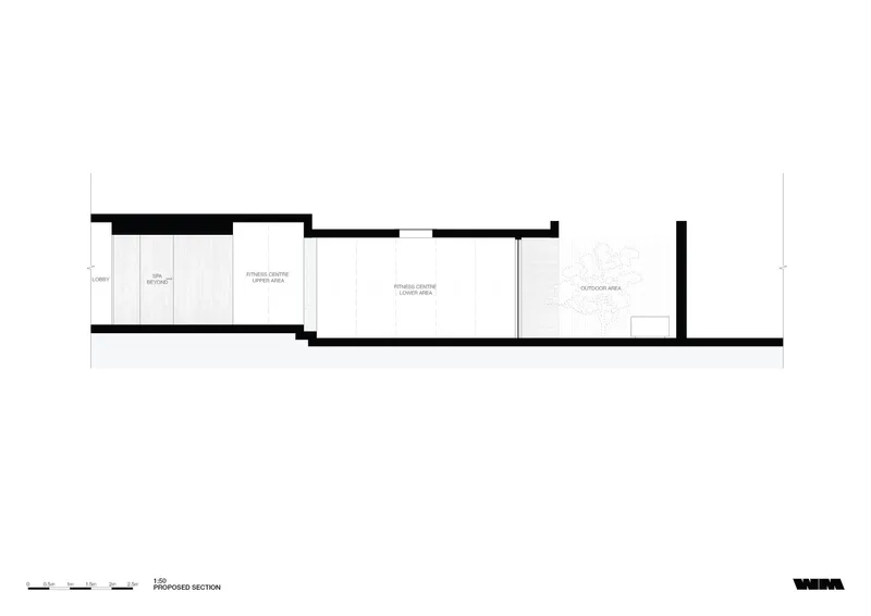 Section drawing showing interior spatial relationships between fitness center and outdoor area with planted bed