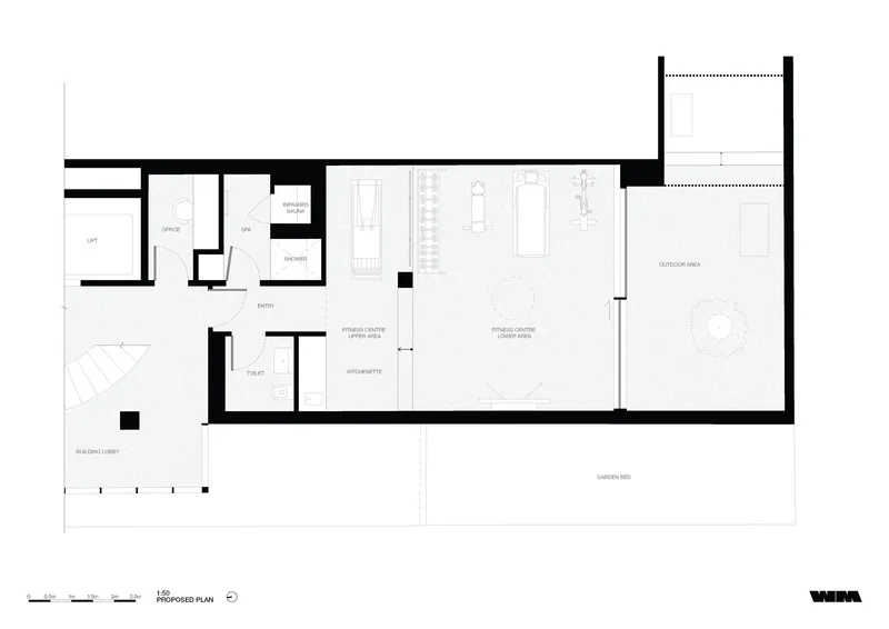Proposed floor plan showing fitness center with library area and outdoor terrace at upper level