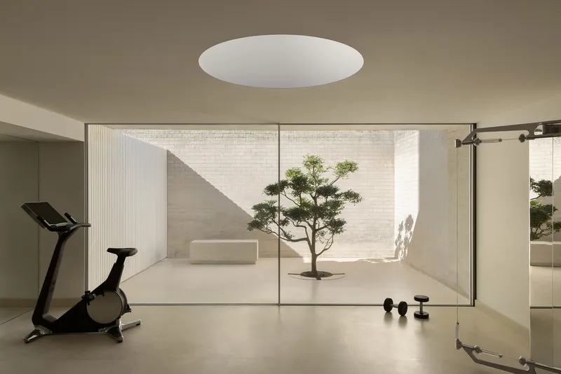 Glass-walled exercise room with a circular skylight overlooking a courtyard with a pruned tree