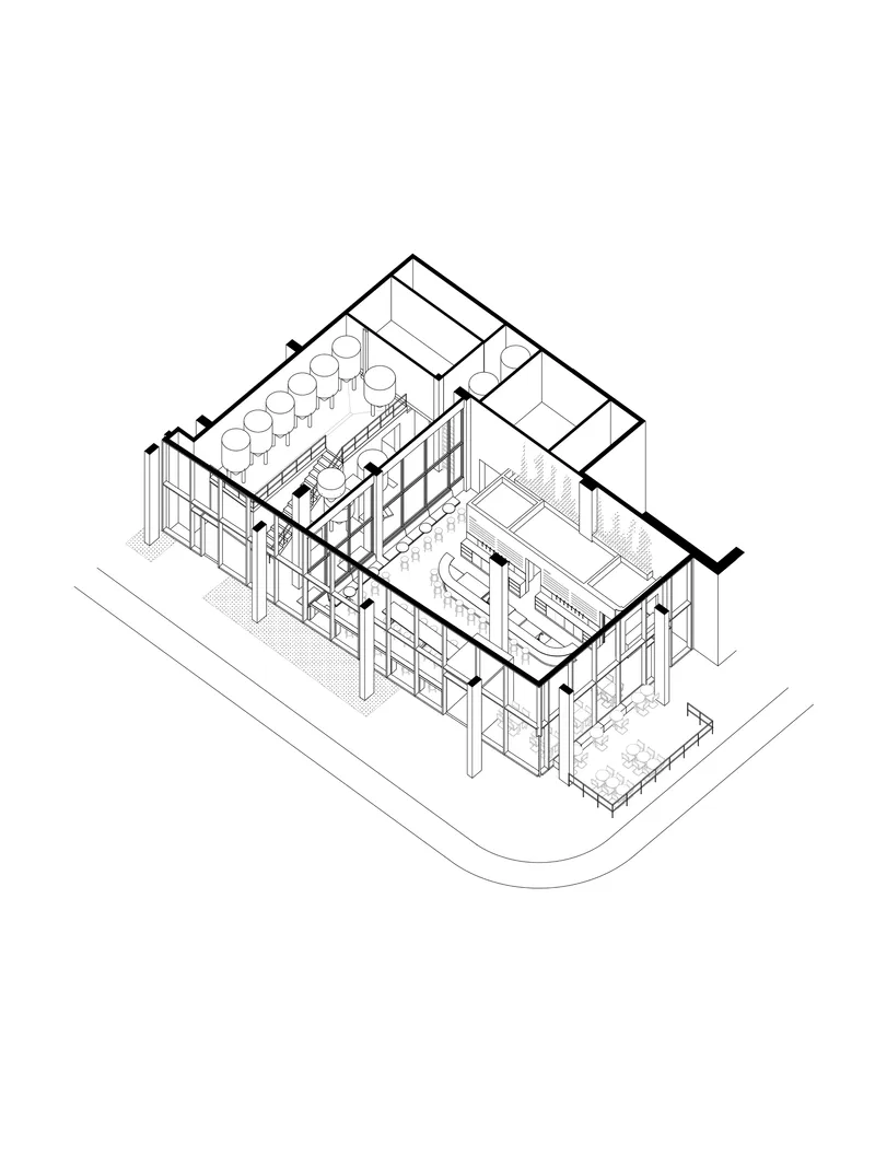 Axonometric drawing revealing the interior layout with dining area, bar, and glass-walled perimeter structure