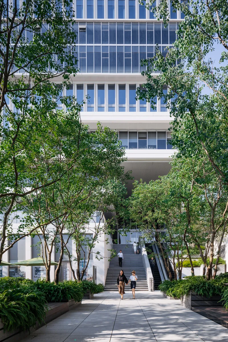 Ground-level view of entrance plaza with paved walkway, planted beds, trees and pedestrians approaching glass tower