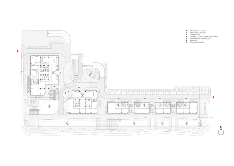 Site plan drawing showing the tower and linear bar buildings with landscaping and circulation paths
