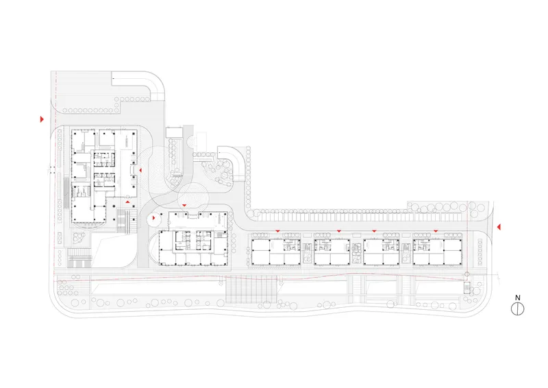 Ground floor plan drawing showing the tower lobby and elongated bar with repeating room modules