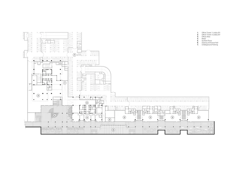 Upper floor plan drawing showing office layouts in the tower and linear wing with core elements