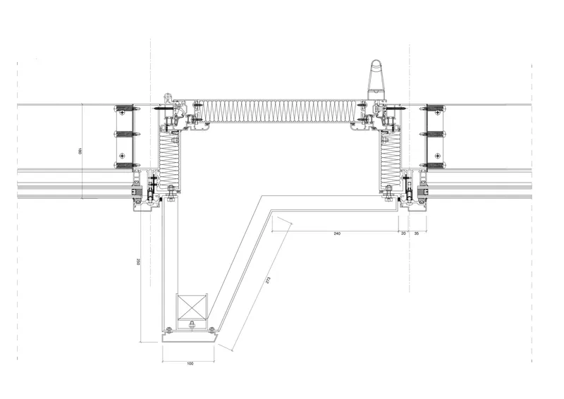 Section detail drawing of a skylight assembly with flanking frames and dimension annotations