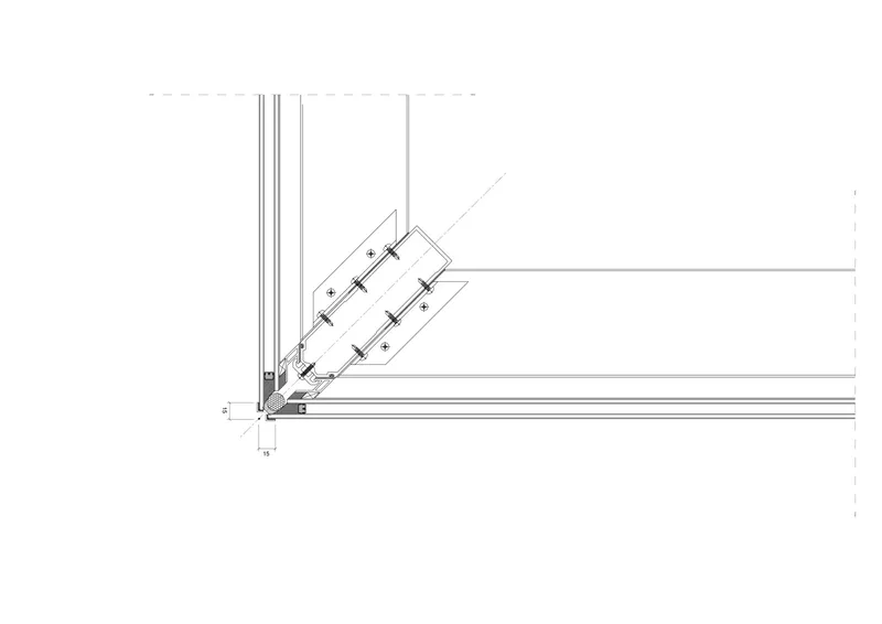 Detail drawing of an angled bracket connection between vertical and horizontal framing members
