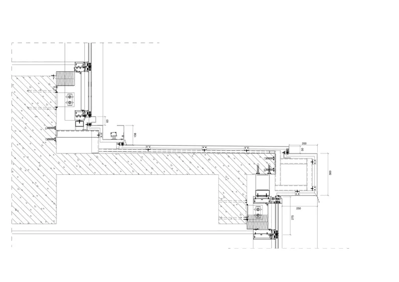 Section detail drawing showing window assembly integrated into exterior wall and floor slab