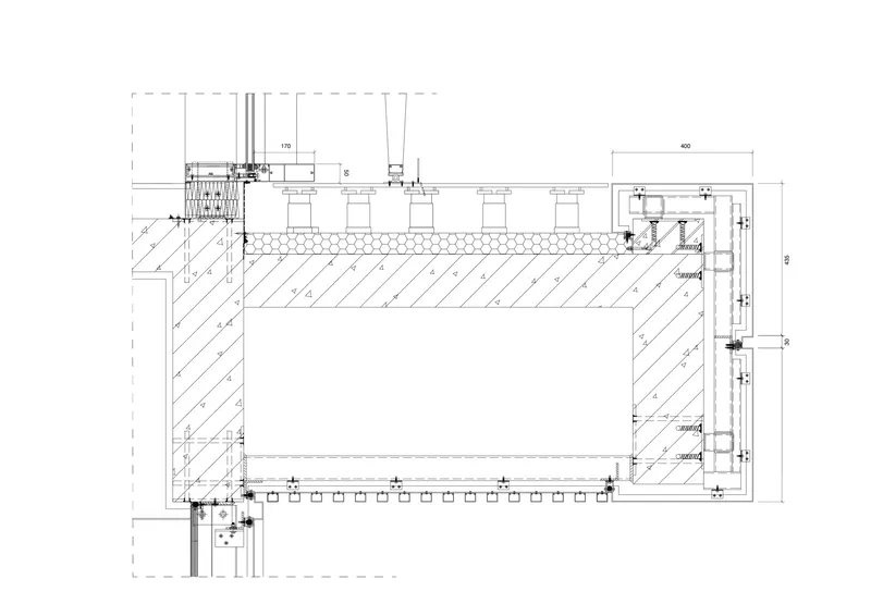 Section detail drawing of a roof hatch assembly with insulated curb and flanking trim
