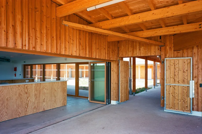 Interior lobby with plywood reception desk, vertical timber cladding, and exposed timber beam ceiling