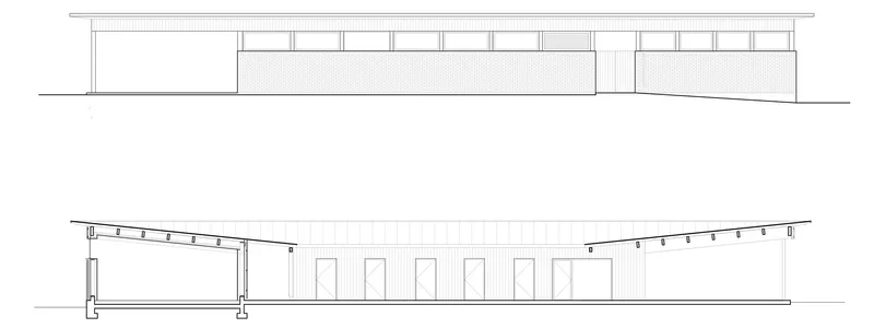 Elevation and section drawings showing low-slung roof with clerestory windows and glazed openings below