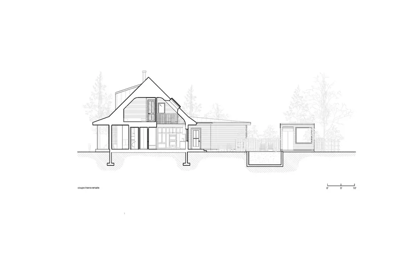 Section drawing showing the gabled roof profile, two-story main volume and single-story extension with trees beyond