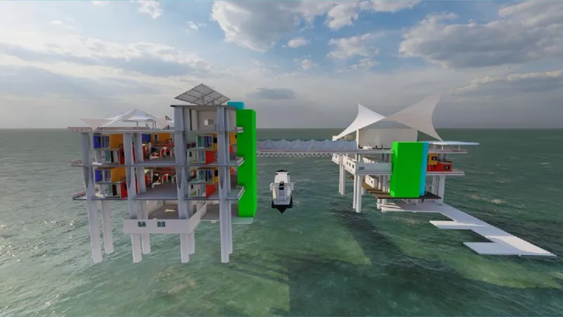 Floating adaptive reuse architecture transforming abandoned oil rigs into a sustainable marine research and tourism destination.