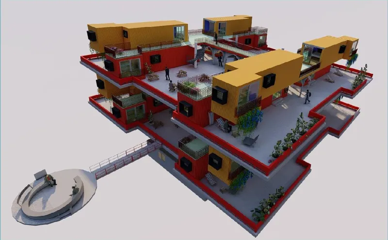 Modular container housing redefines adaptive reuse architecture through flexible offshore living spaces.