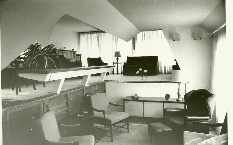 Split-level interior with angular ceiling planes, mid-century furniture and potted plants in diffused natural light