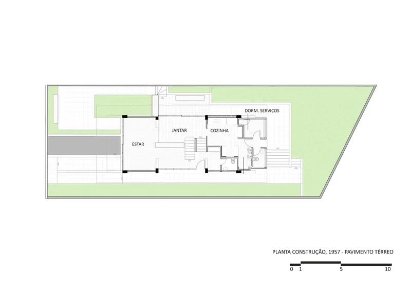Ground floor plan drawing showing linear arrangement of living areas and service spaces with surrounding landscape