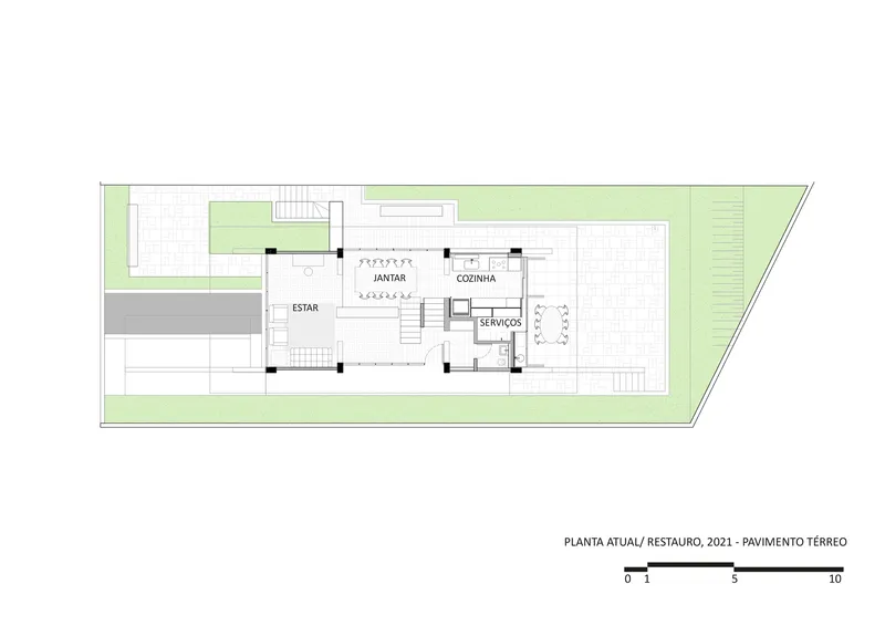 Ground floor plan drawing showing reconfigured layout with open living spaces and central service core
