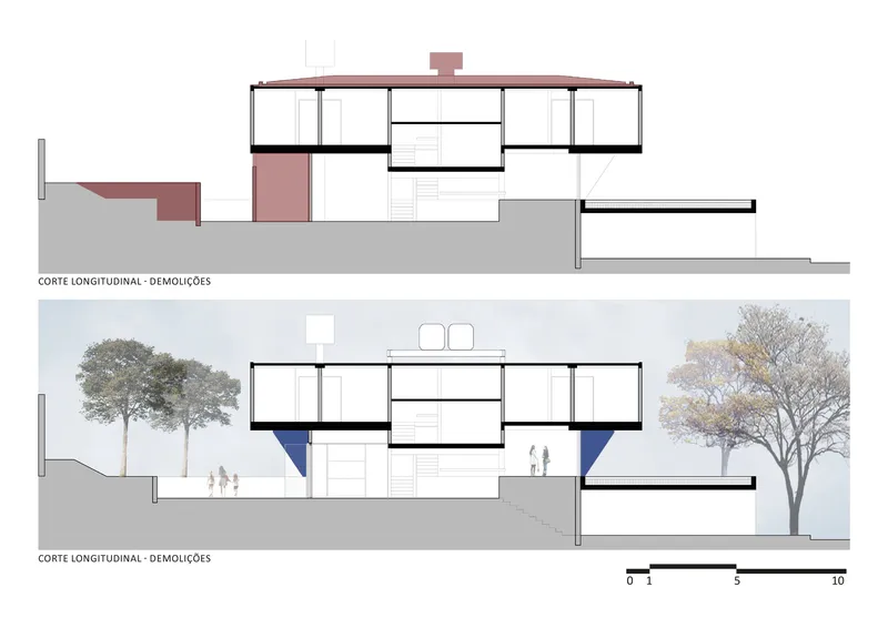 Longitudinal section drawing showing the split-level house with overhanging volumes and flanking trees