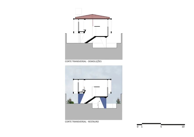 Transverse section drawing revealing the central staircase beneath a pyramidal roof with planted edges