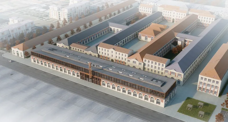 Aerial rendering of a renovated industrial complex with courtyards and arched brick facades