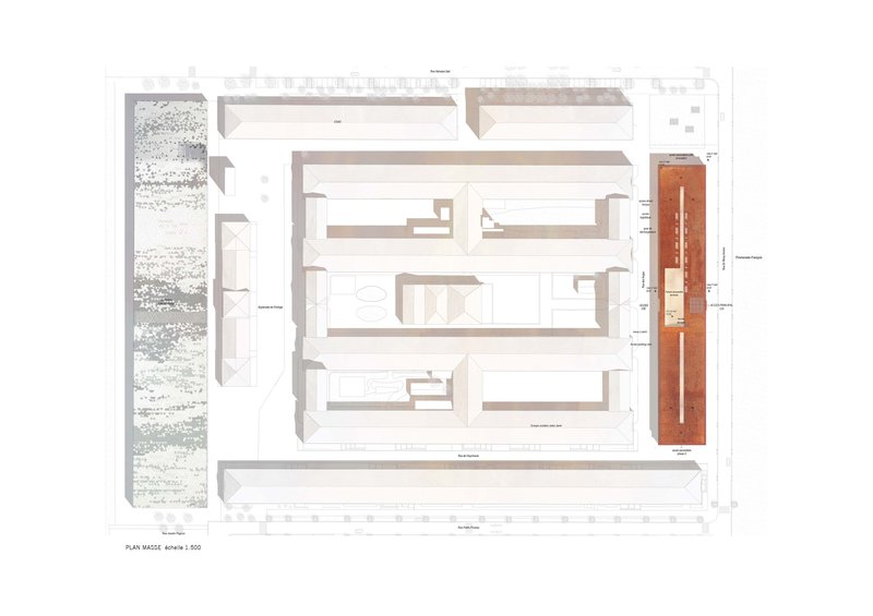 Site plan drawing showing a long orange block among surrounding white building footprints