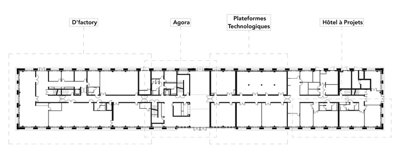 Floor plan drawing of an elongated building with labeled program zones and central circulation