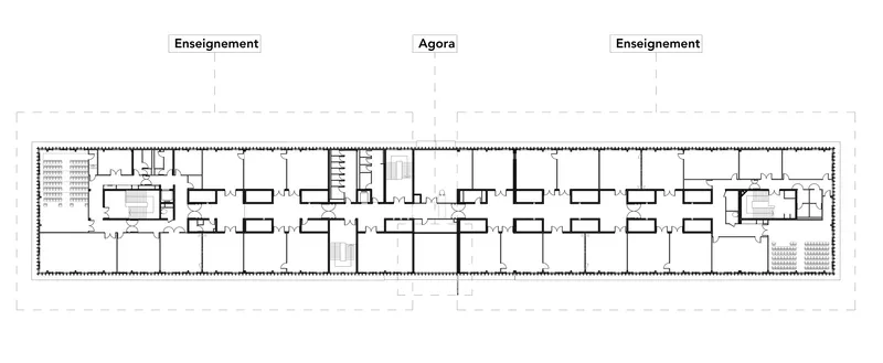 Floor plan drawing showing a rectangular layout with central agora and symmetrical teaching spaces