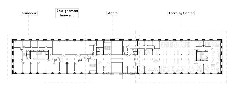 Floor plan drawing depicting incubator, teaching, agora and learning center zones with structural grid