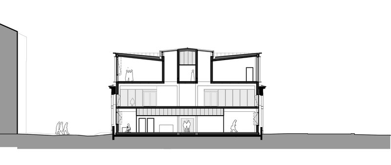 Section drawing showing a three-story structure with sloped roof and figures on multiple levels
