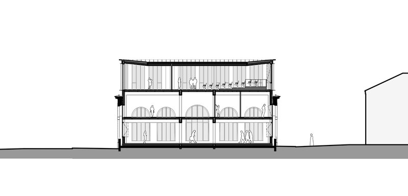 Section drawing revealing arched openings on the middle floor and vertical slat screens above