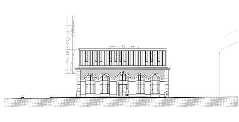 Elevation drawing depicting a two-level facade with arched openings and a rooftop terrace with slats