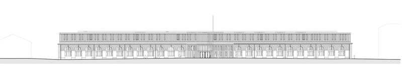 Elevation drawing of a long facade with repeating arched openings and a slatted parapet above