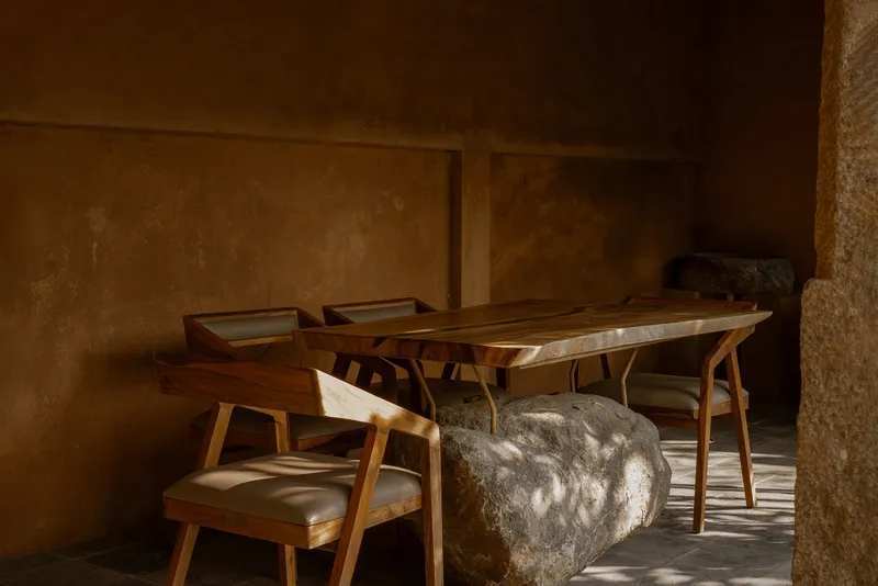 Timber dining table with boulder base and chairs in warm sunlight against textured earthen walls