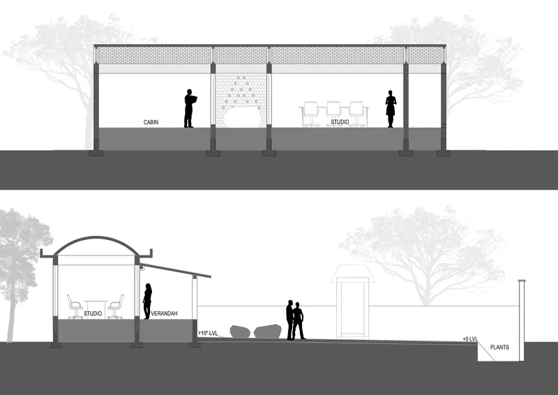 Section drawings showing cabin and studio spaces with human figures for scale and tree silhouettes