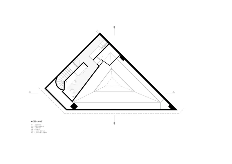 Mezzanine floor plan drawing showing the upper level of the triangular office layout