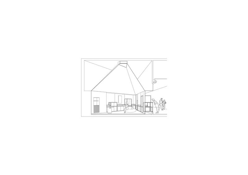 Perspective section sketch revealing the interior layout under a pyramidal ceiling with figures