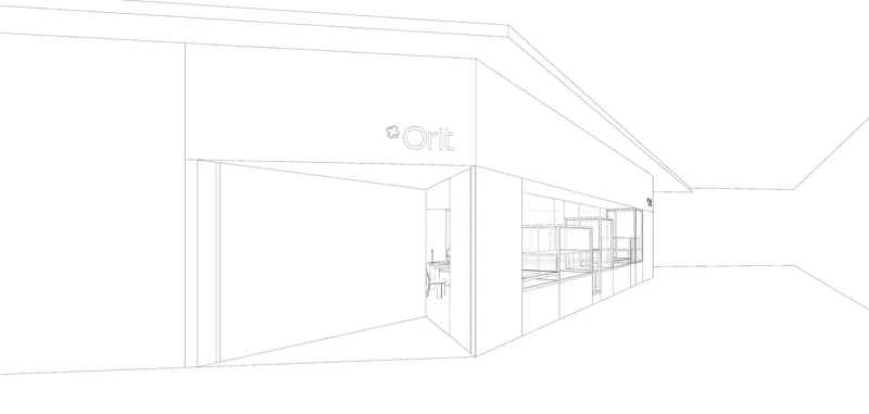 Line drawing perspective of an interior corridor with kitchen cabinetry along one wall