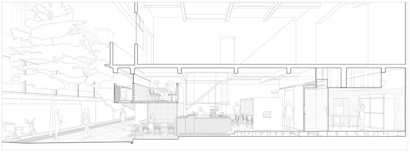Longitudinal section drawing revealing the interior spatial organization and ceiling structure