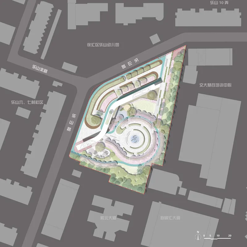 Master plan drawing showing the curving landscaped plaza within the wedge-shaped site and adjacent urban blocks