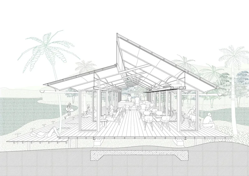 Section drawing showing the exposed steel frame and peaked roof structure over a dining interior with palm trees