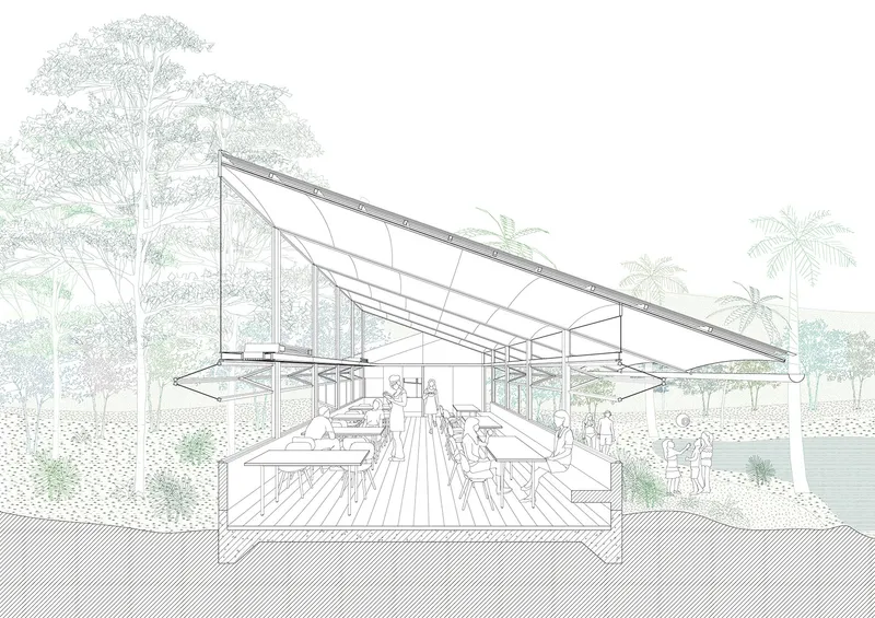 Section drawing revealing the layered roof trusses and open dining hall with waterside landscape beyond