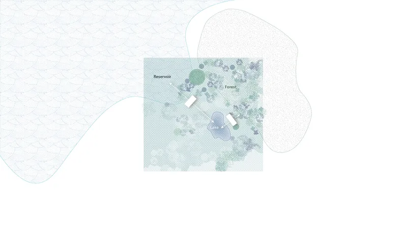 Site plan diagram indicating reservoir and forest zones around two pavilion footprints in a water landscape
