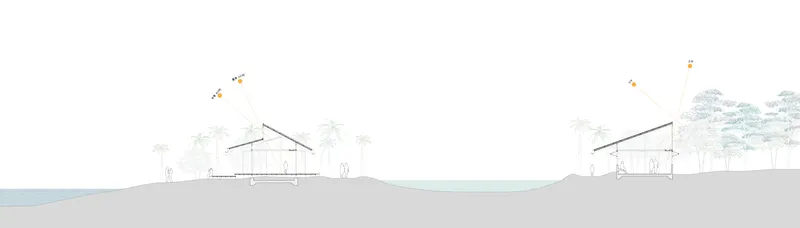 Section drawing depicting two gabled pavilions with palm trees and human figures for scale