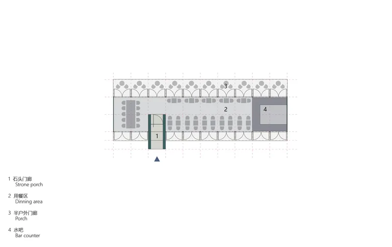 Floor plan showing a linear arrangement with stone porch, dining area, porch, and bar counter