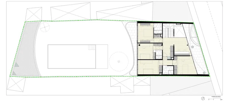 First floor plan showing bedroom suites, terrace and double-height void above the pool
