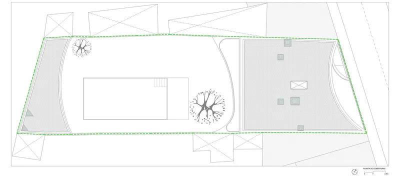 Roof plan showing pool outline, tree placement and terrace paving pattern