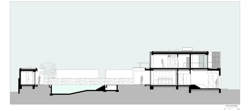 Longitudinal section drawing showing two-story volumes connected by a long horizontal wall with a tree