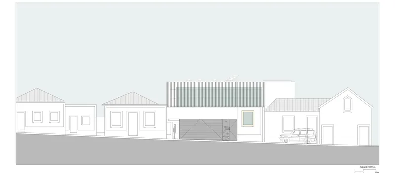 Street elevation drawing showing a corrugated metal upper volume inserted between neighboring pitched-roof houses