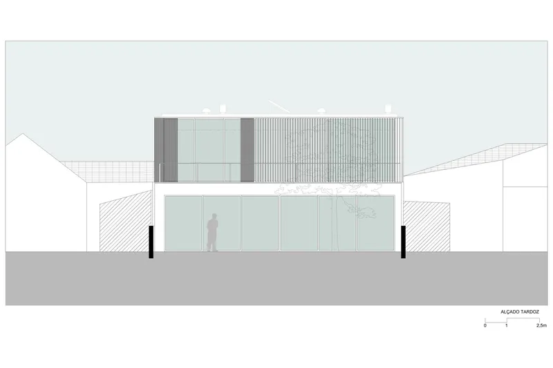 Rear elevation drawing depicting glazed lower floor and corrugated metal upper volume with figure silhouette