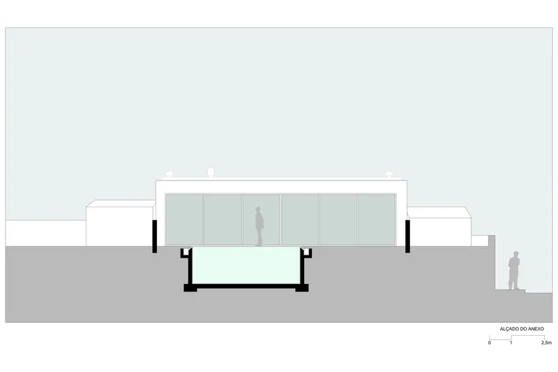 Cross section drawing showing glazed pavilion with cantilevered floor plate and figure for scale