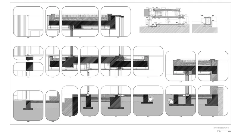 Construction detail drawings showing multiple junction conditions between roof, wall, and foundation assemblies
